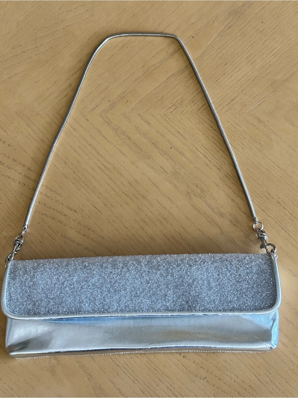 Vtg Y2K Shimmer Silver Glitter Baguette Shoulder Bag Clutch Evening Prom 10x3